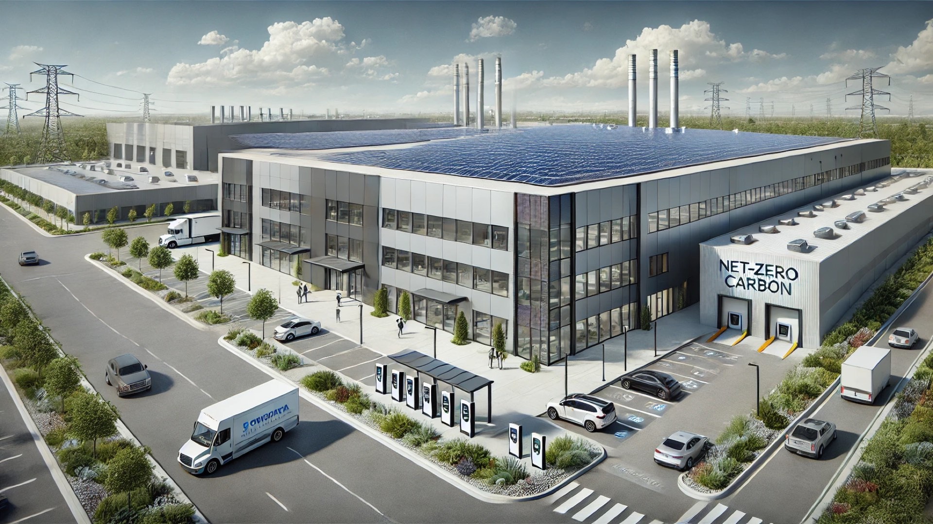 Ontario’s first design-certified net-zero carbon industrial building, highlighting its solar panels, eco-friendly architecture, and sustainable site features