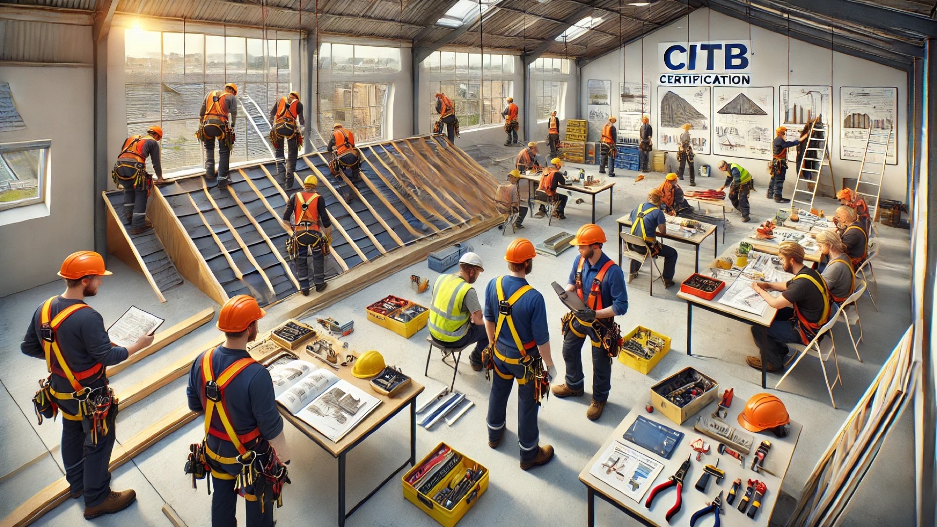 modern roofing training environment for CITB certification, blending hands-on practice with classroom learning