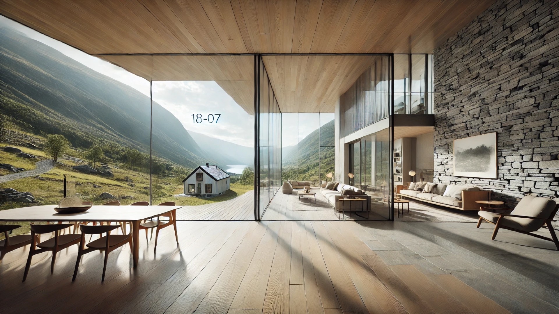 interior view of the 18-07 Holiday Home, showcasing its modern minimalist design, natural materials, and panoramic hillside scenery