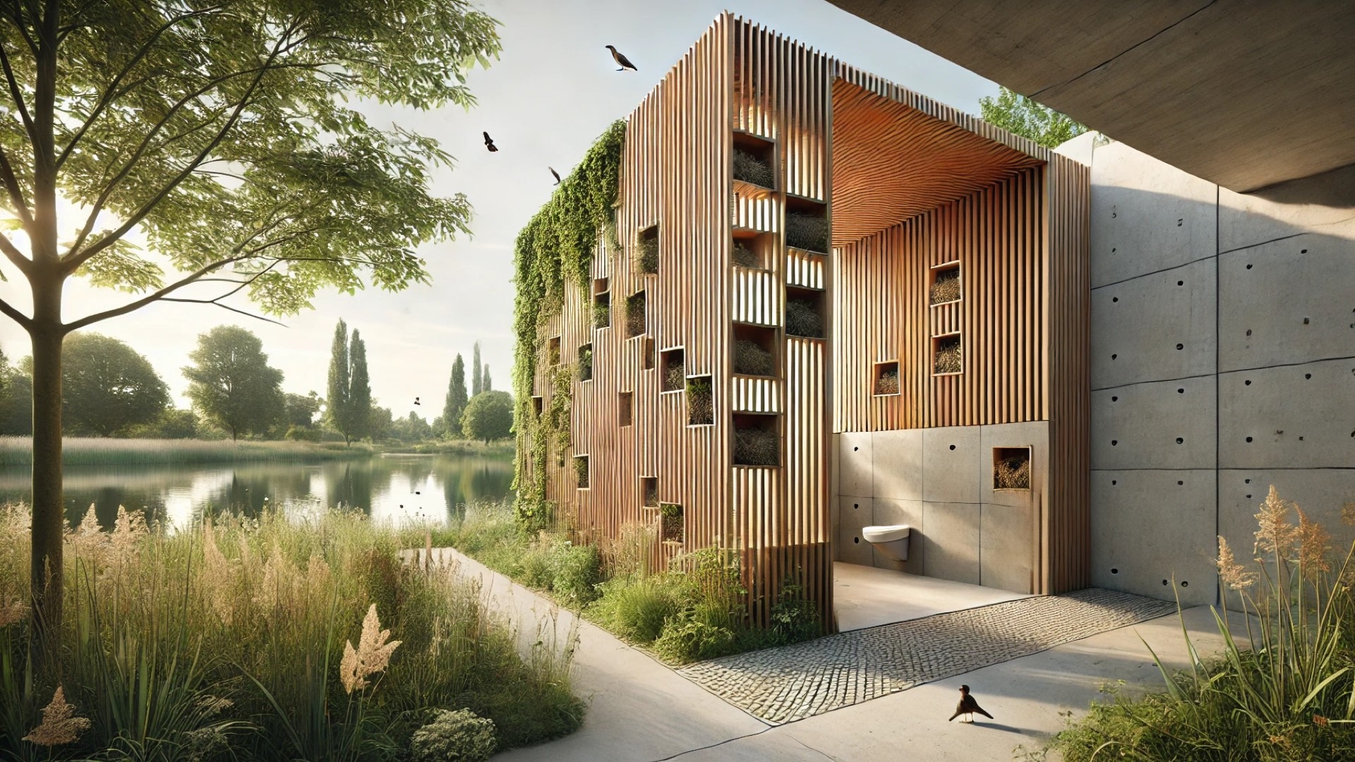 renovated lakeside public toilet with the timber facade, bird nests, and climbing plants in its natural lakeside setting