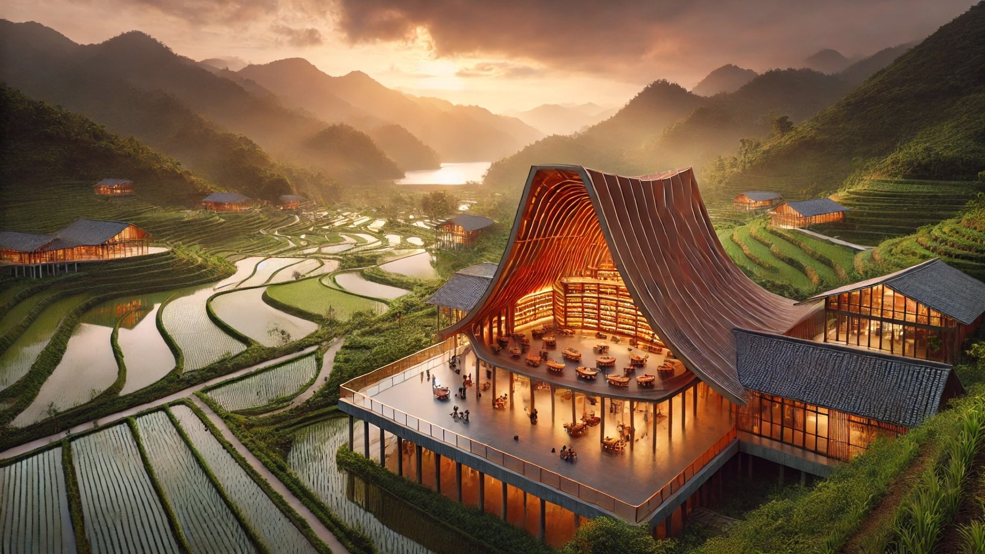 Fuzhouji Village Center, showing its curved rooftop blending with the surrounding rice paddies and reservoir, with warm light spilling from its multifunctional interiors