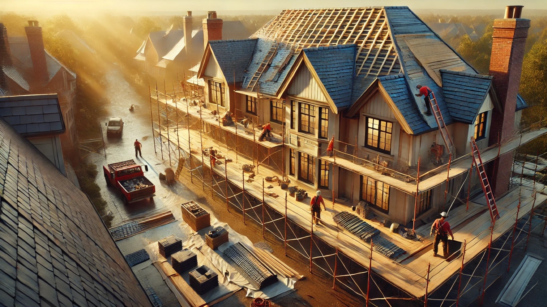 Active roofing renovation site on a mid-sized upscale property, workers in safety harnesses, partially removed roof tiles, new materials ready for installation