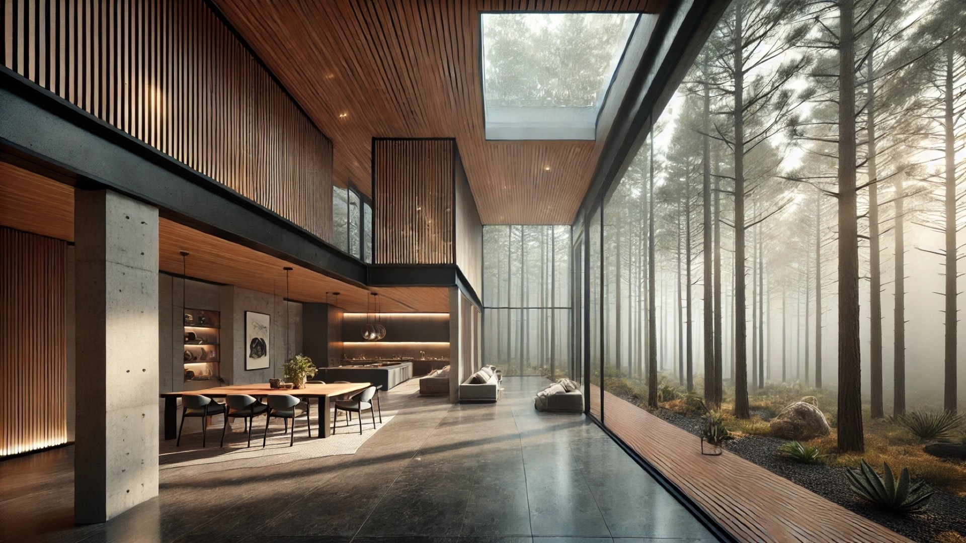 interior illustration for Casa Oruç, with clear detailing of the open-plan living space, forest views, and natural materials