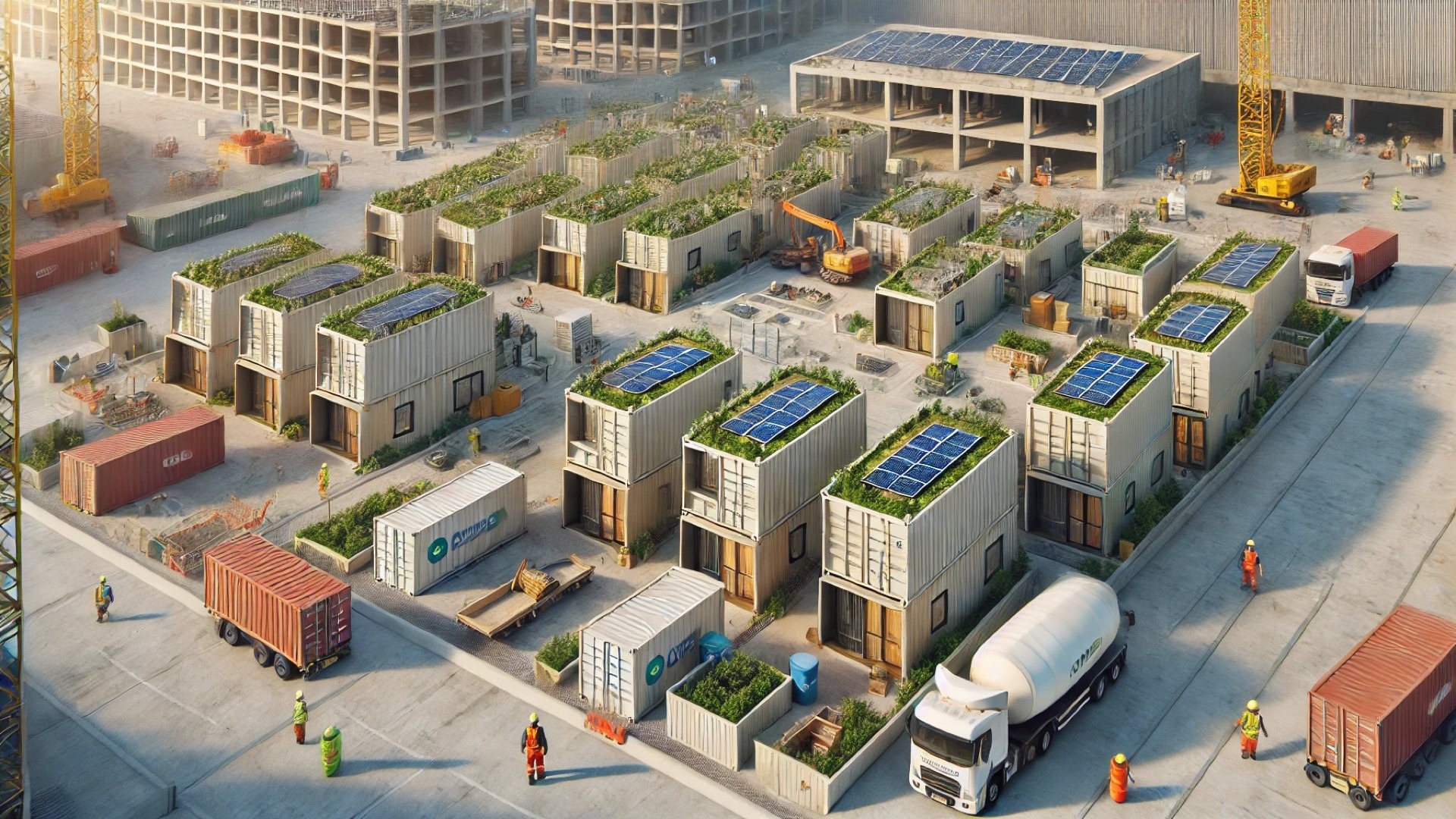 eco-conscious construction site utilizing repurposed shipping containers for site accommodation