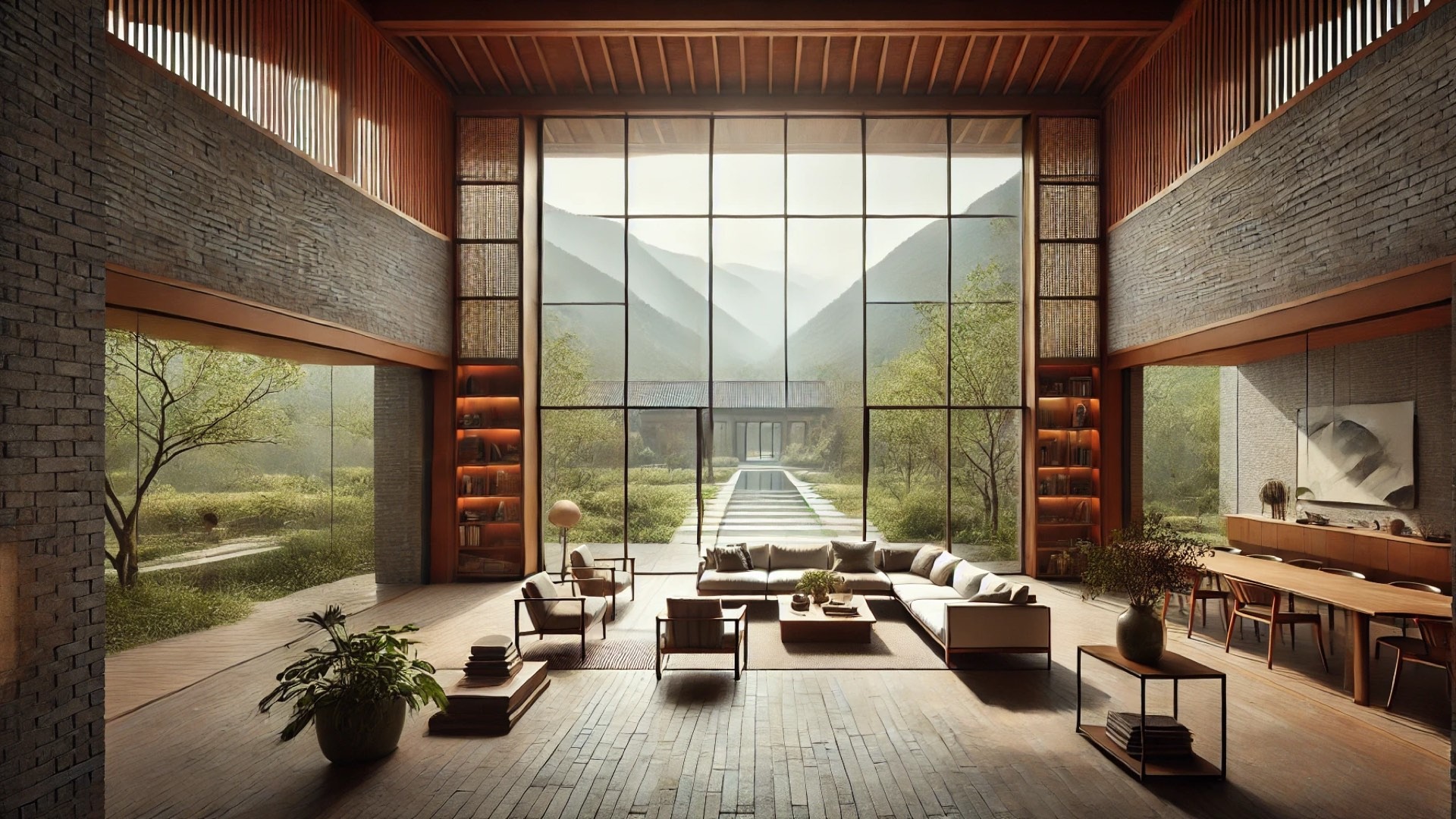 House J by Atelier About Architecture, showcasing the open-plan design, natural materials, and deep visual connection to the surrounding gardens and mountains