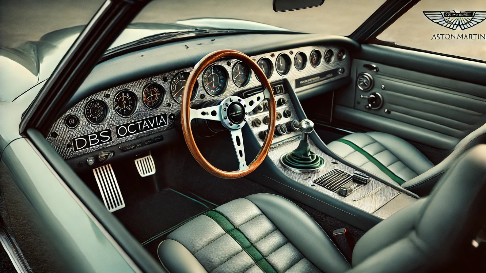interior view of the Aston Martin DBS ‘Octavia’ by Ringbrothers, showcasing its bespoke craftsmanship, luxurious materials, and motorsport-inspired details