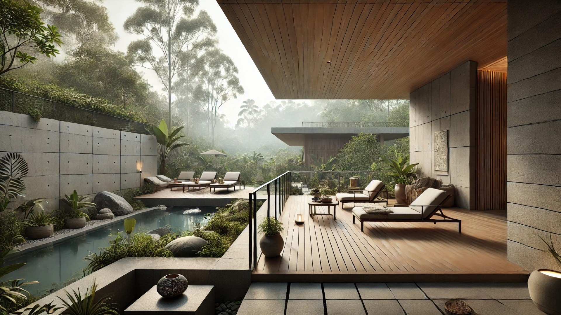 terrace view of the Turahalli House, showcasing its serene setup with natural materials, greenery, and forest surroundings