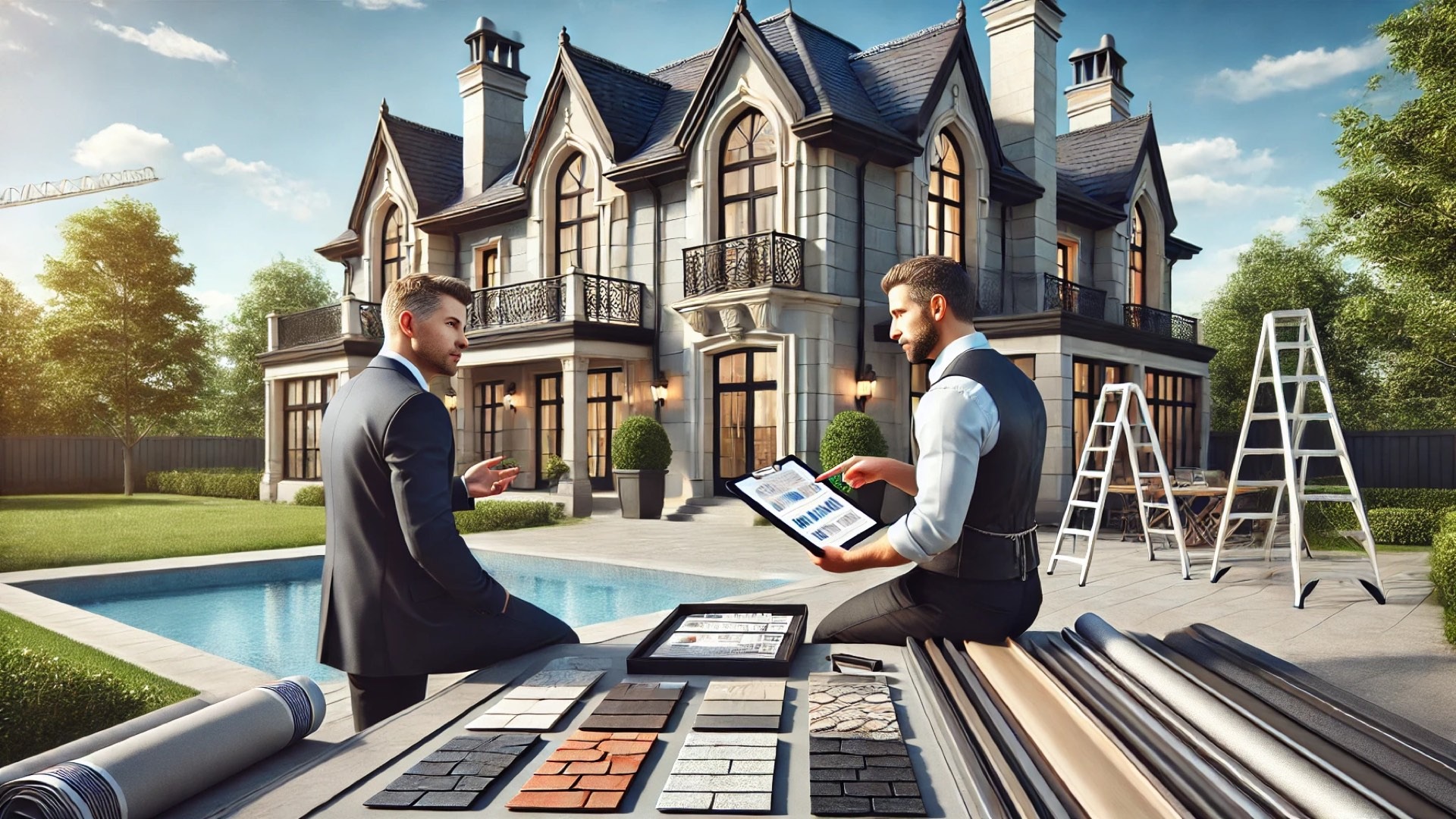 homeowner and contractor reviewing a roofing estimate in front of an upscale home, with roofing materials and tools clearly laid out