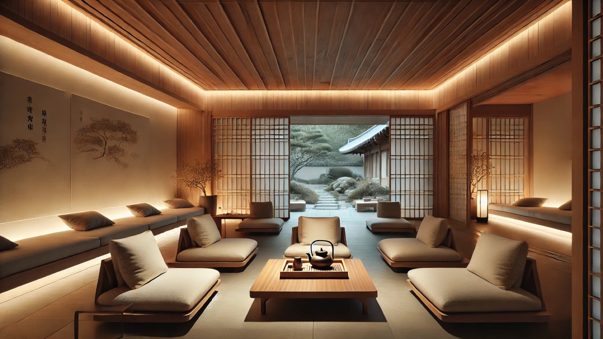 tea lounge inside Mungahwaryeong, capturing its serene, minimalist design and traditional Korean influence