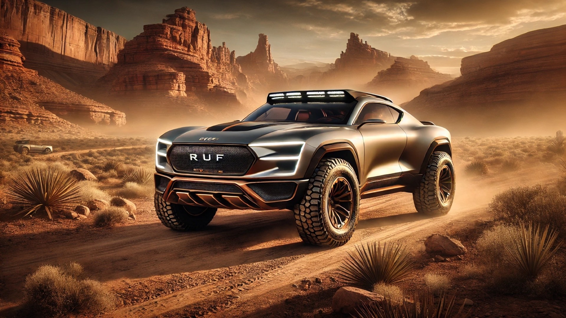 illustration of the RUF Rodeo, set against a dramatic desert landscape that reflects its rugged performance and Western-inspired elegance