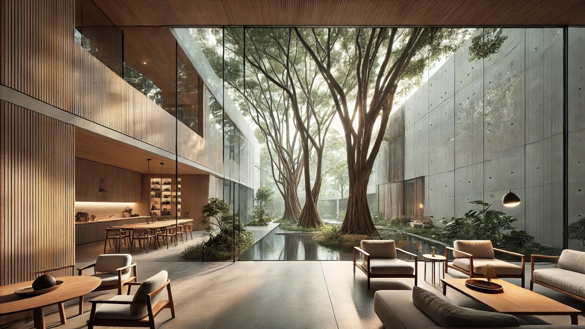 interior perspective of M House, highlighting its seamless blend of natural materials, preserved trees, and tranquil open spaces filled with light