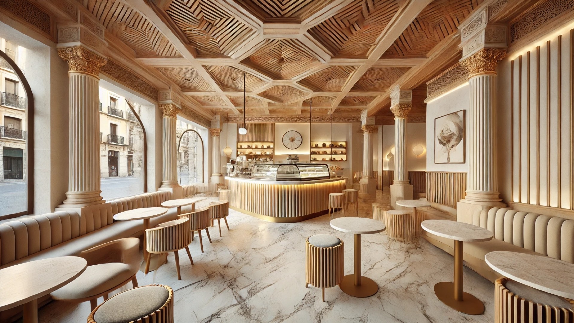 redesigned Regma ice cream parlor, showcasing its elegant use of travertine, timber, and geometric forms