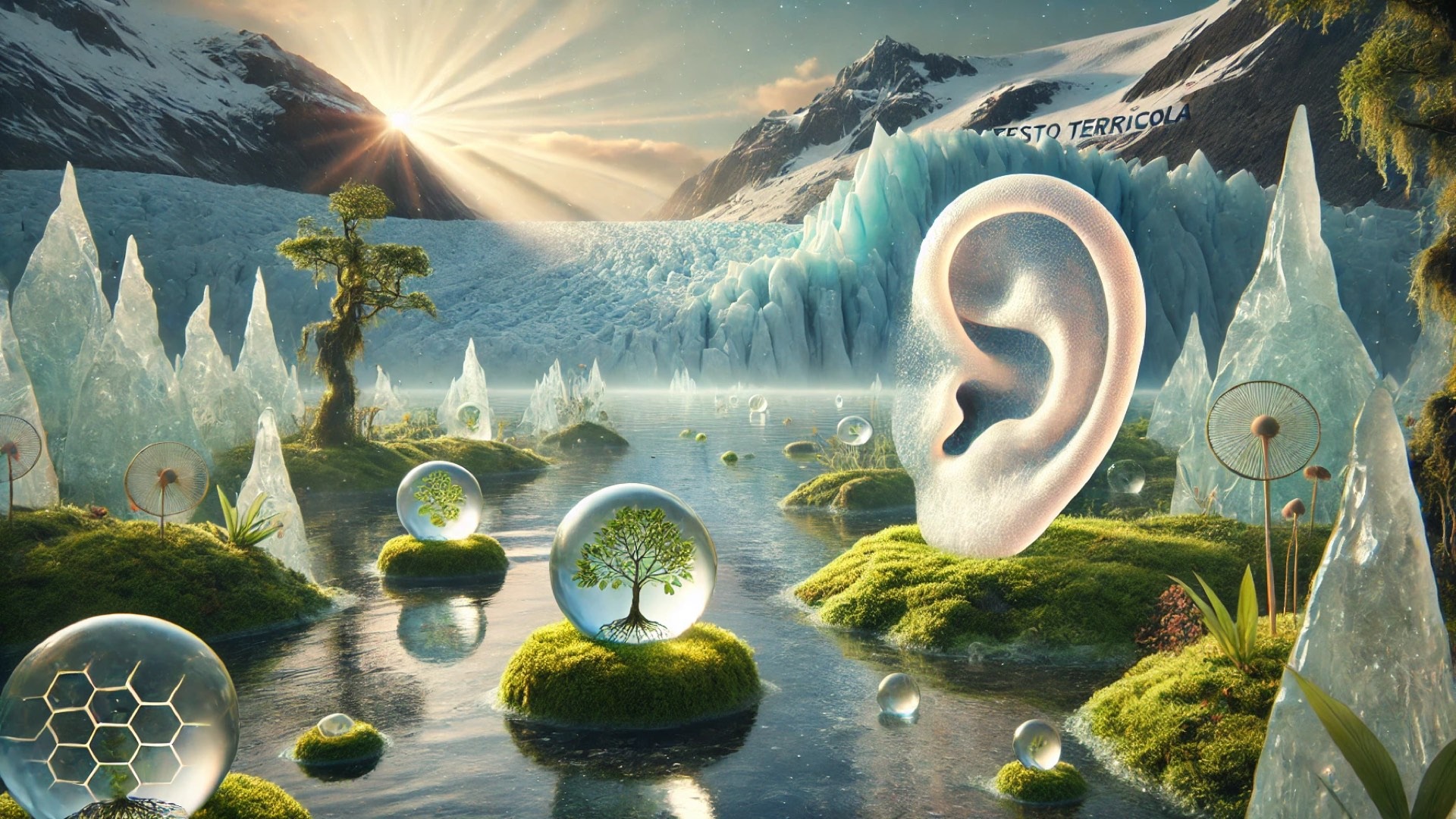 conceptual illustration inspired by the eco-technological art of Solimán López, blending glacier, jungle, biotechnology, and symbolism into a surreal landscape