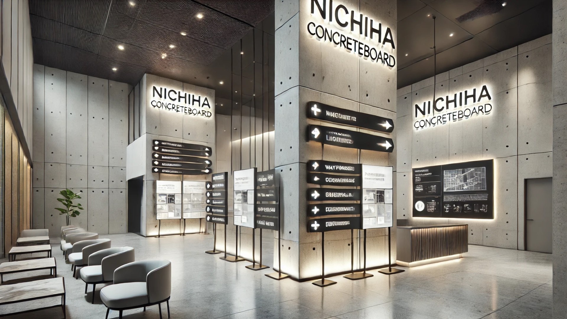 Nichiha ConcreteBoard panels integrated with signage and lighting systems in high-traffic commercial interiors