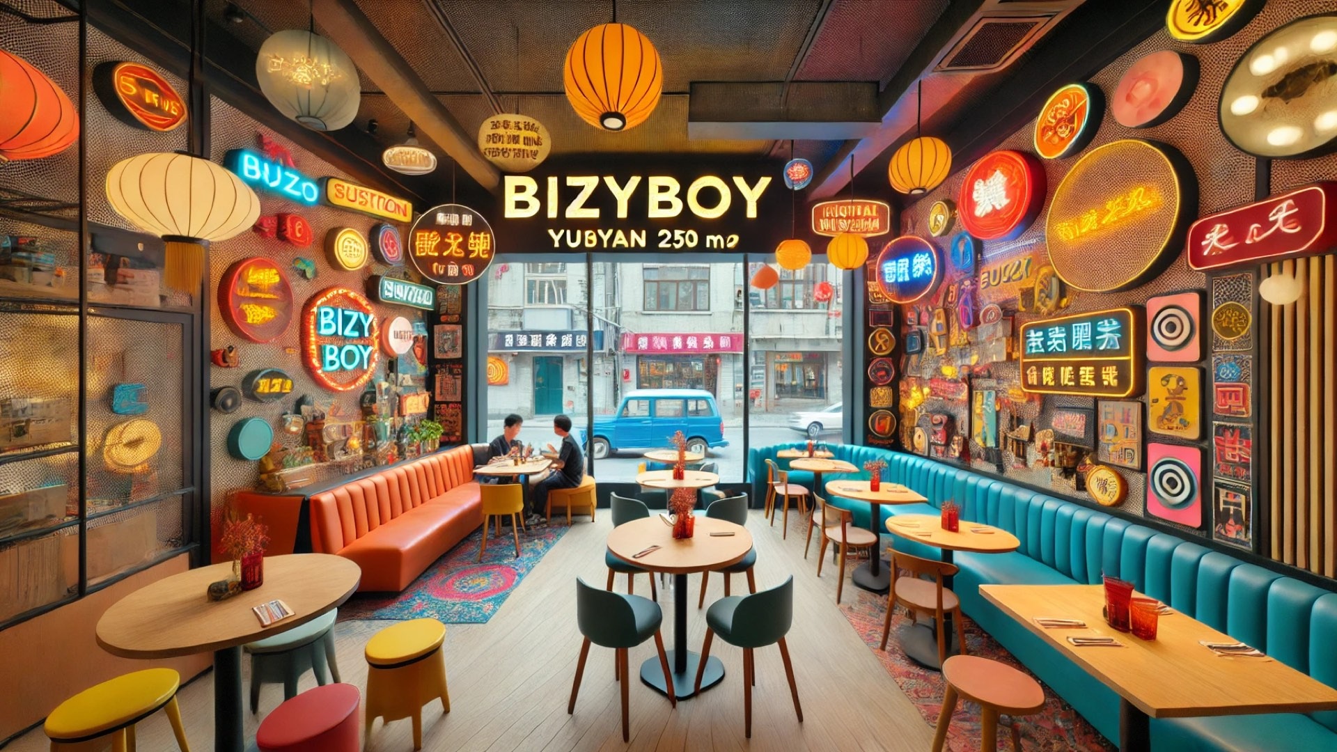 BizyBoy restaurant design in Shanghai, capturing its vibrant, theatrical ambiance and immersive design