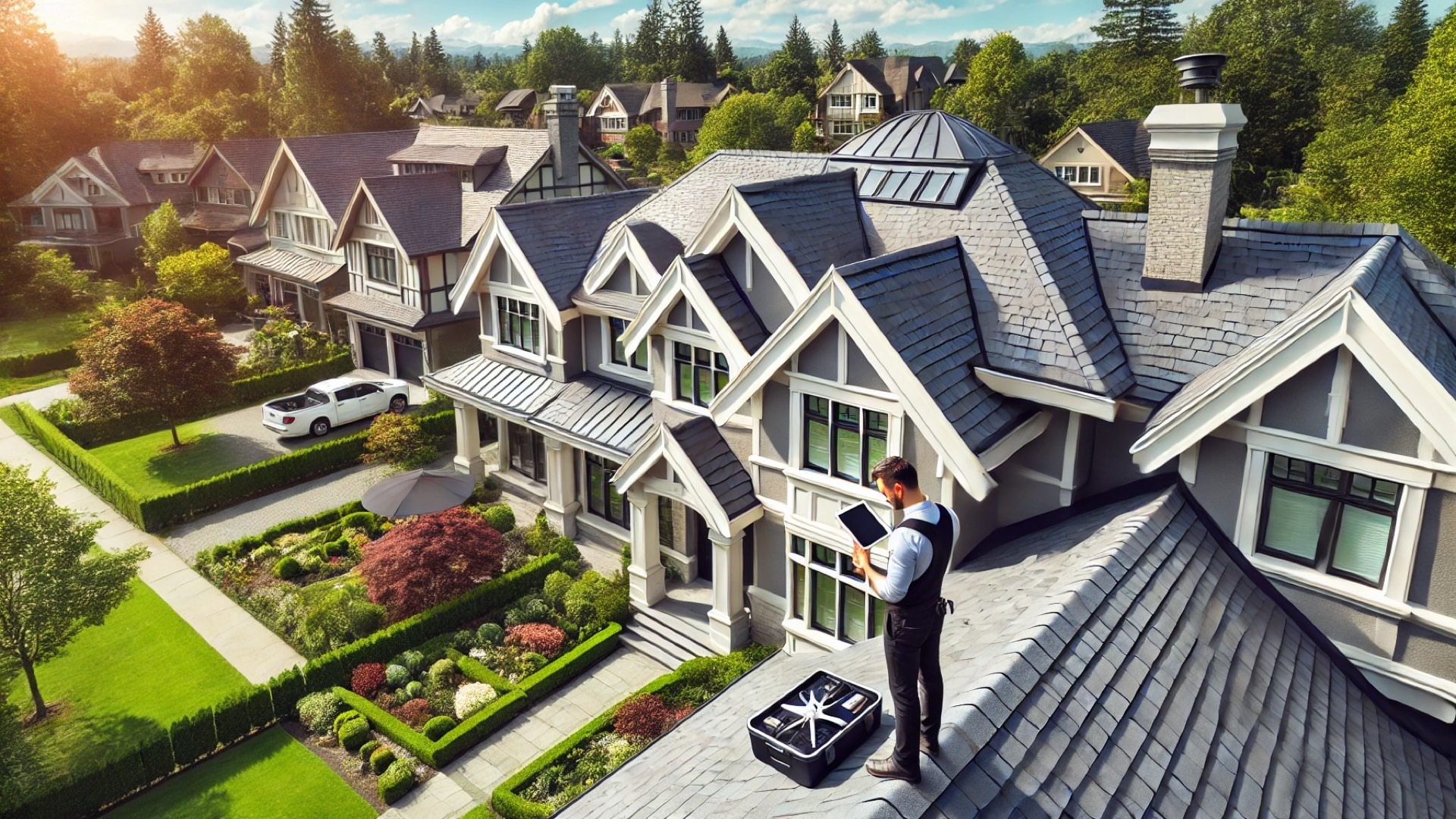 residential rooftop inspection on an upscale home, emphasizing craftsmanship, elegance, and the importance of proactive maintenance