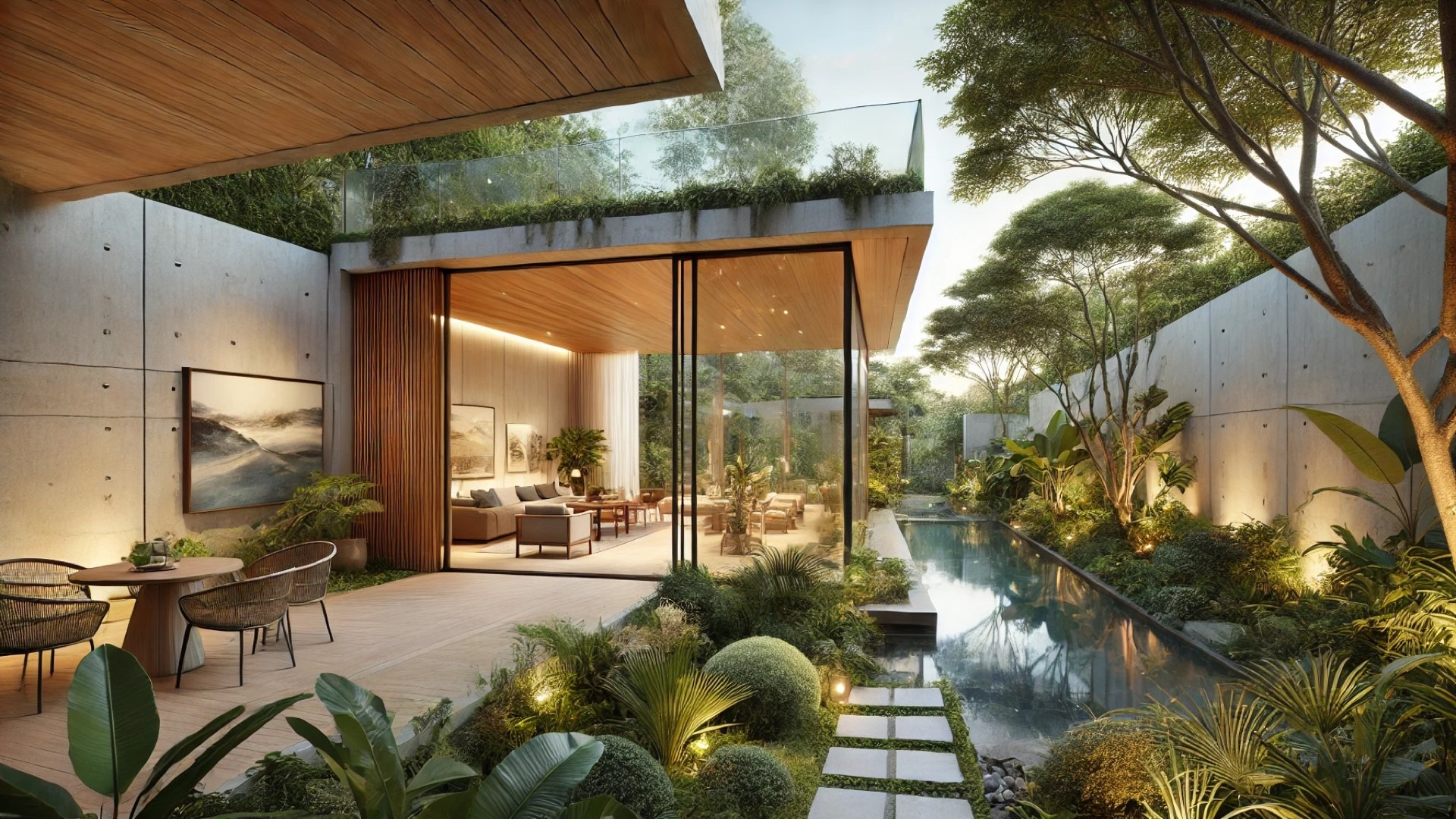 seamless connection between the DOM House’s patio and its interior living space, highlighting the harmony between architecture and nature