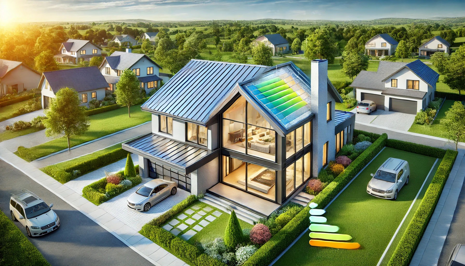 highlighting a modern home with energy-efficient DECRA-style roofing, showcasing insulation layers, reflective materials, and eco-conscious design