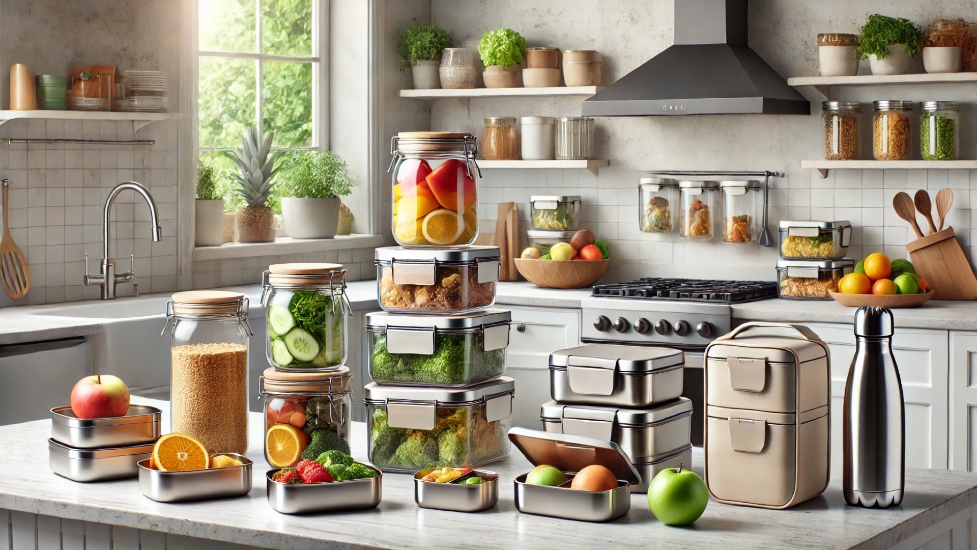 modern, eco-conscious kitchen featuring non-toxic food storage containers made from glass and stainless steel