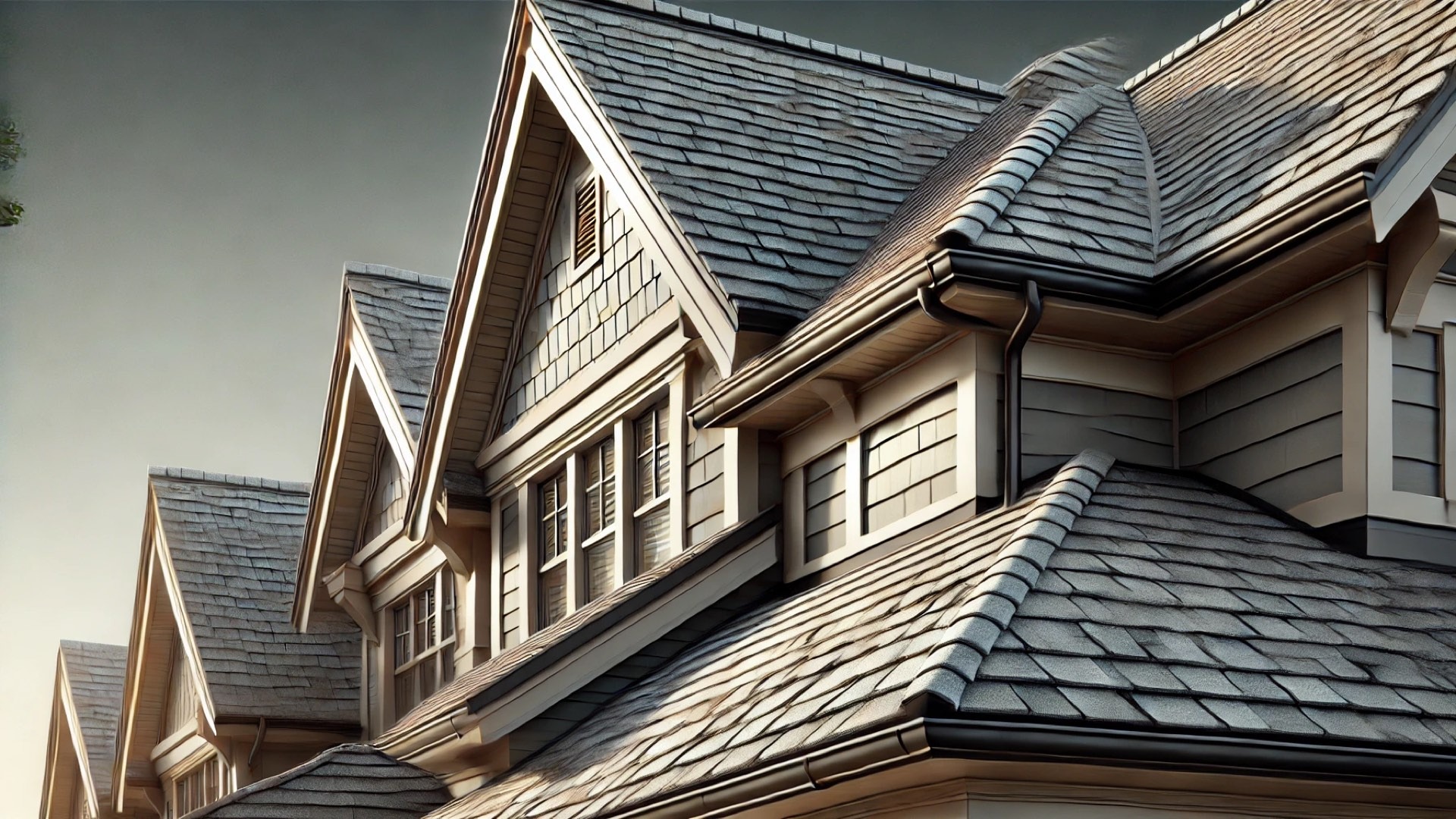 showcasing the detailing and texture of composite roofing on an upscale home