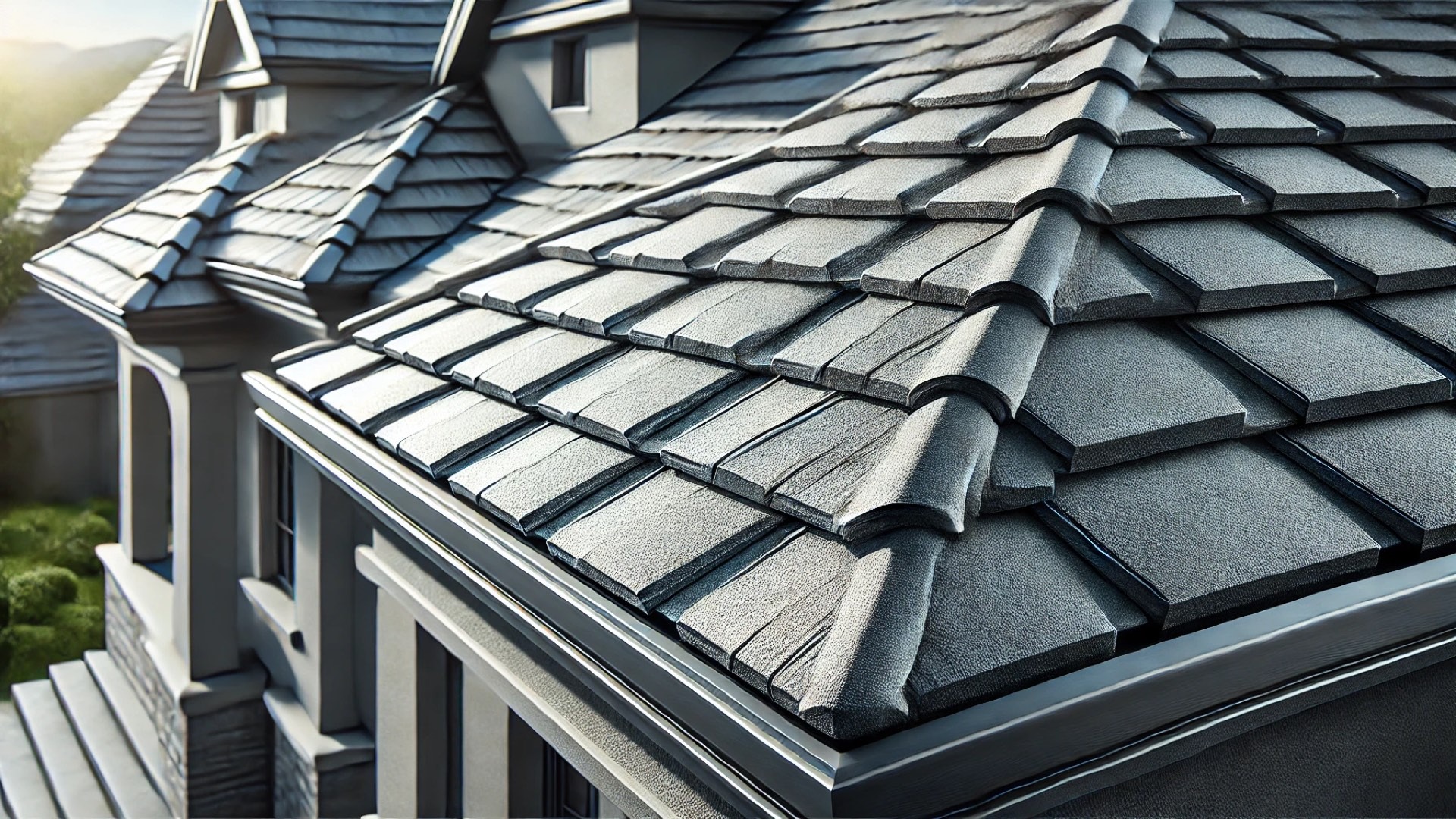showcasing the refined texture and interlocking design of hail-proof concrete roofing shingles on a luxury home
