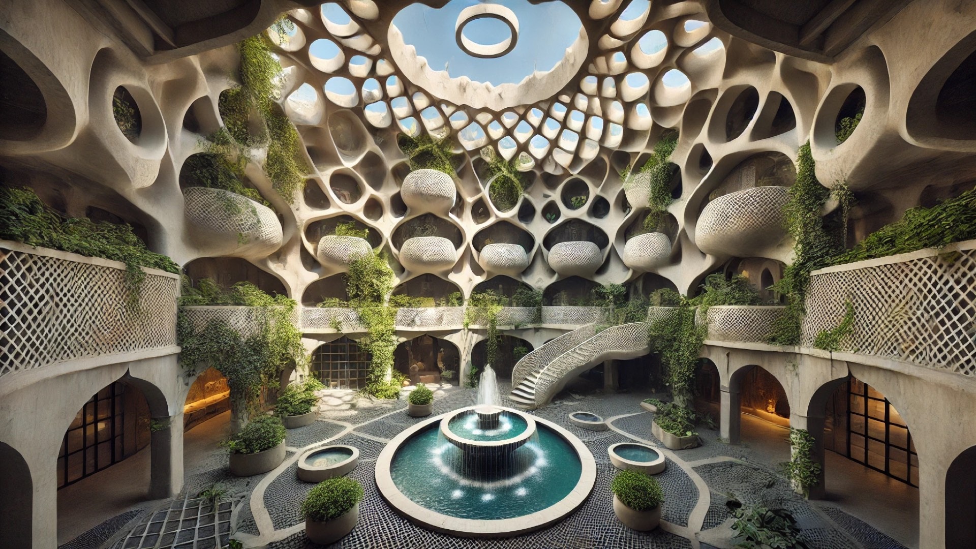 Fonte D'Amore courtyard, capturing its sculptural elegance, cascading light, and lush greenery
