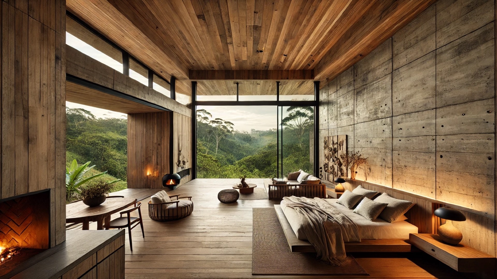 master suite, capturing the rustic-contemporary charm of the JK House in the Brazilian countryside