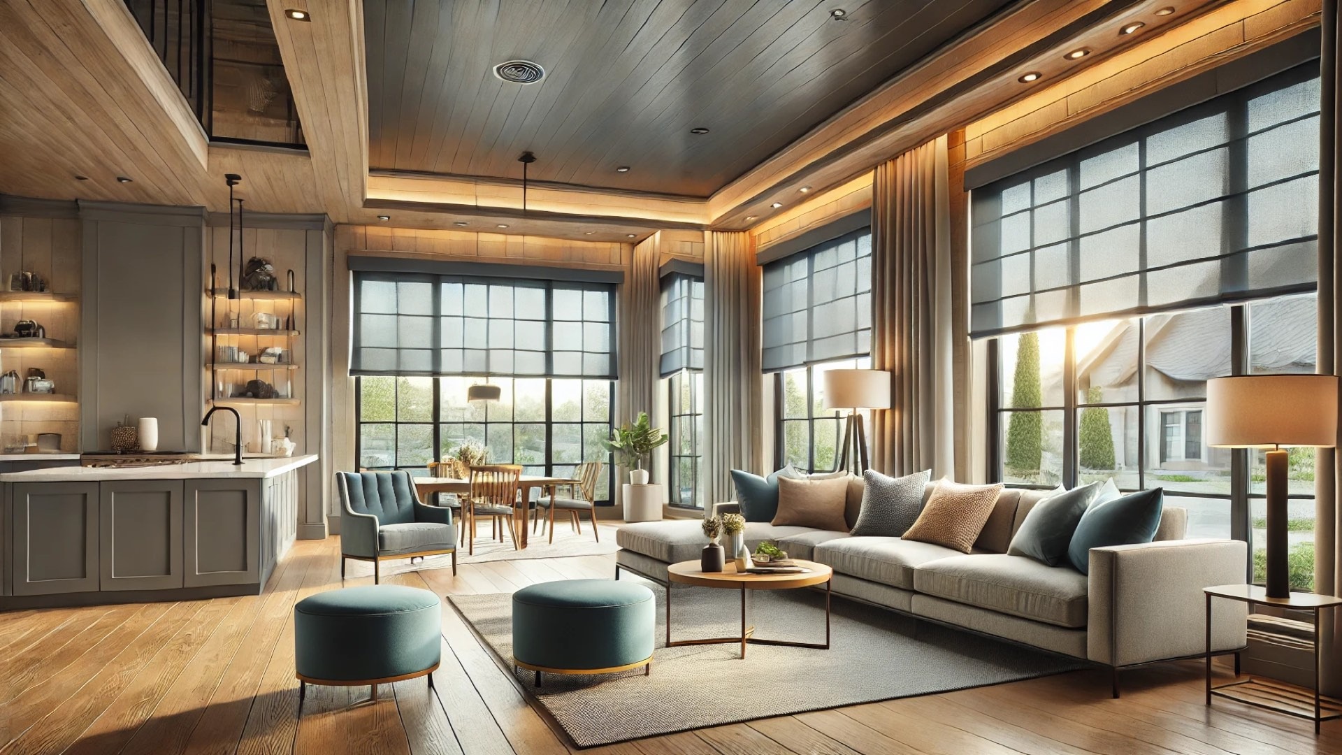 showcasing coordinated window treatments—roller shades and honeycomb blinds—in a cozy, modern home