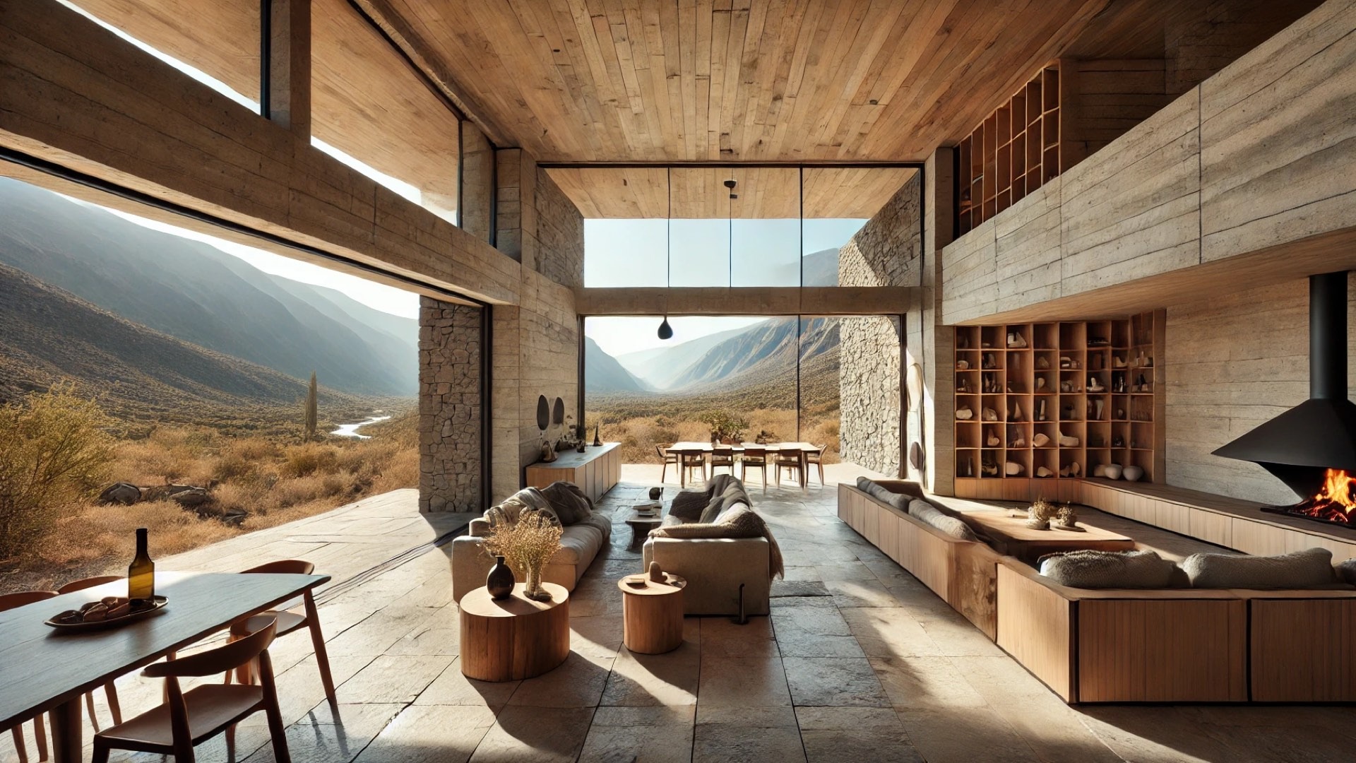 House on El Dragón, showcasing its warm, natural materials and expansive views of the Punilla Valley