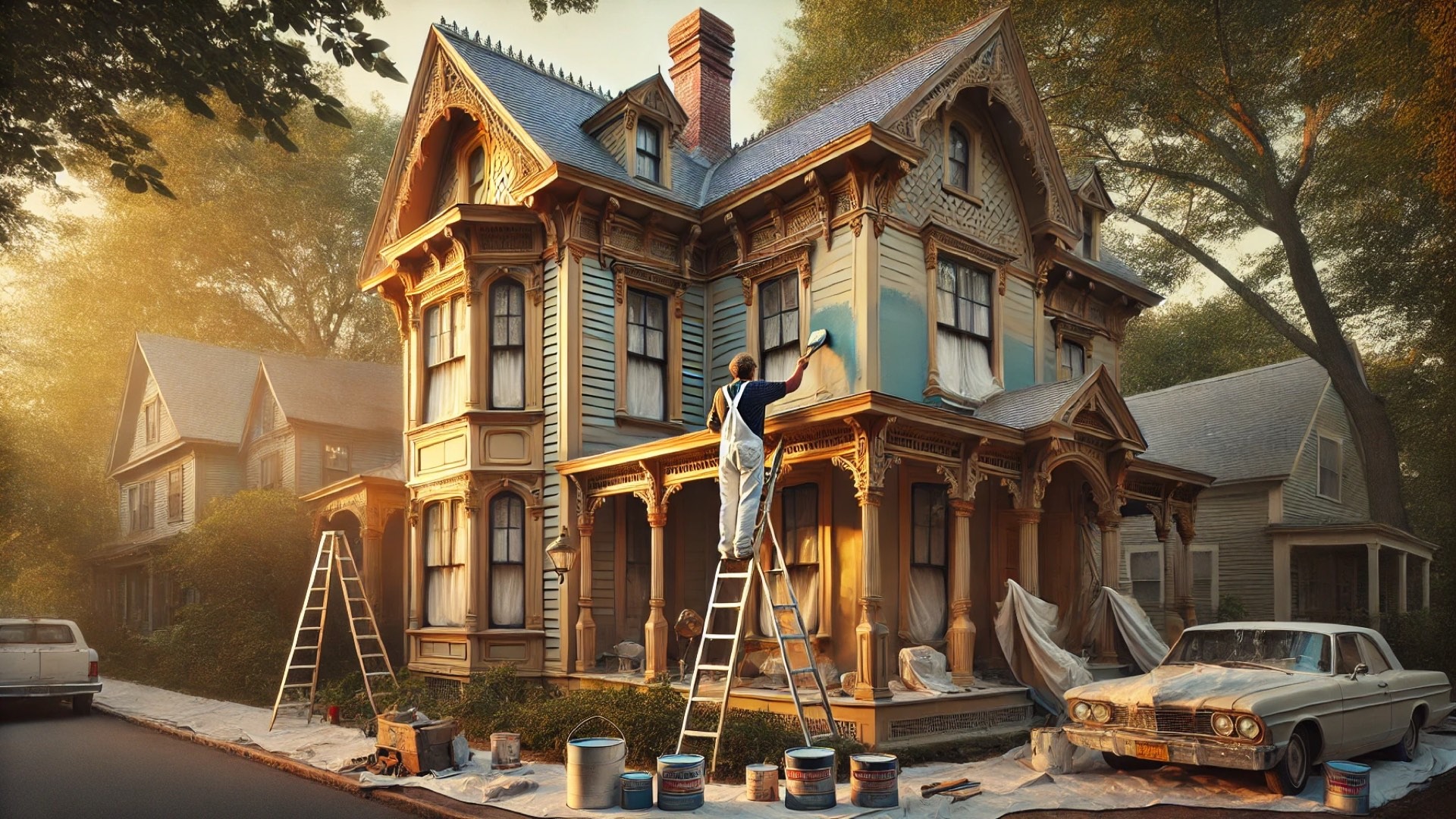 historic home being repainted with care and craftsmanship, emphasizing architectural preservation and proper technique