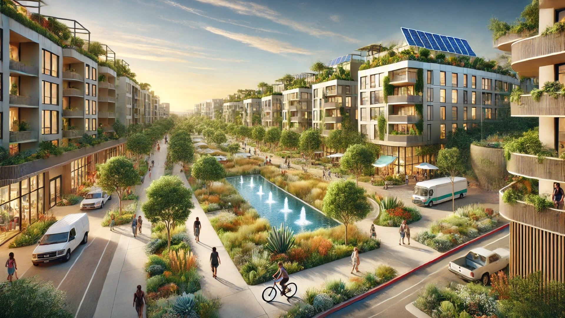 Civita neighborhood, capturing its sustainable design, vibrant green spaces, and community-focused atmosphere