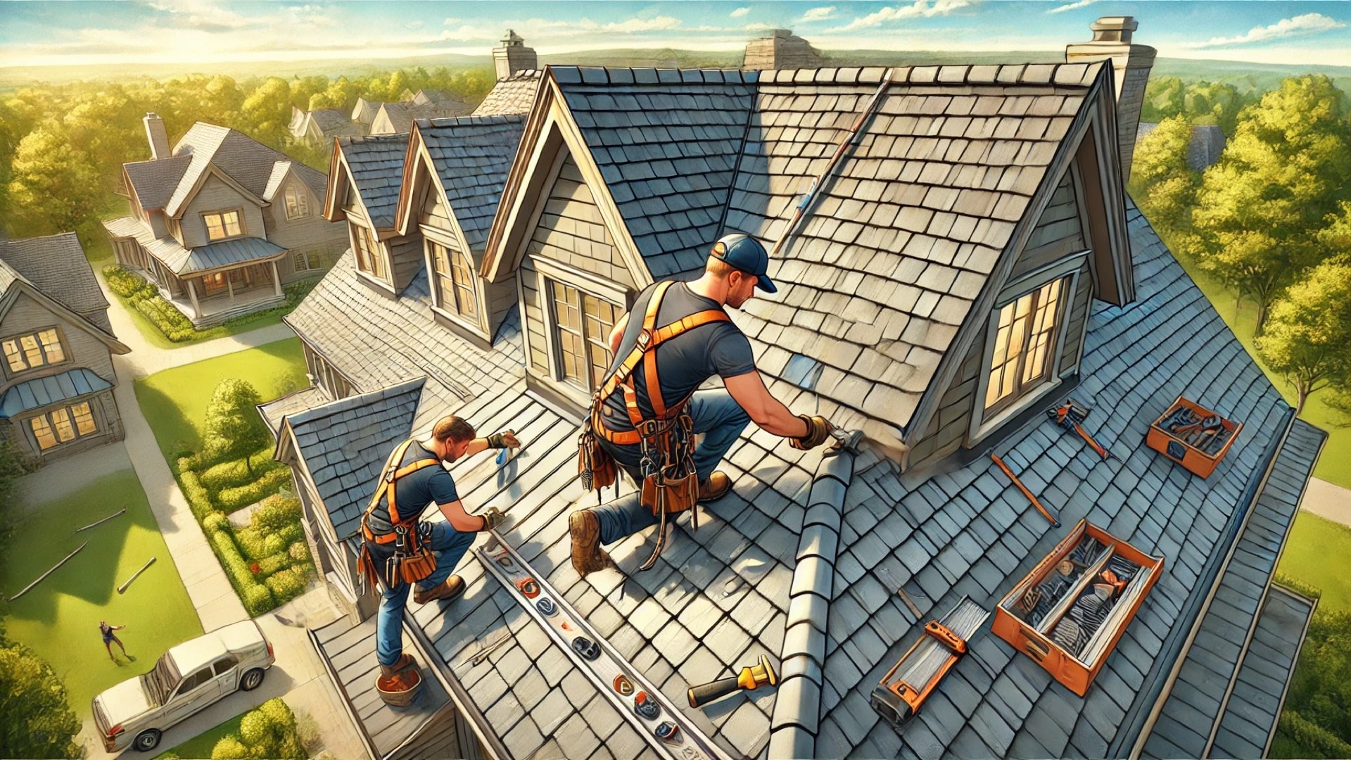 roofing contractors actively replacing a high-end roof with attention to detail and craftsmanship