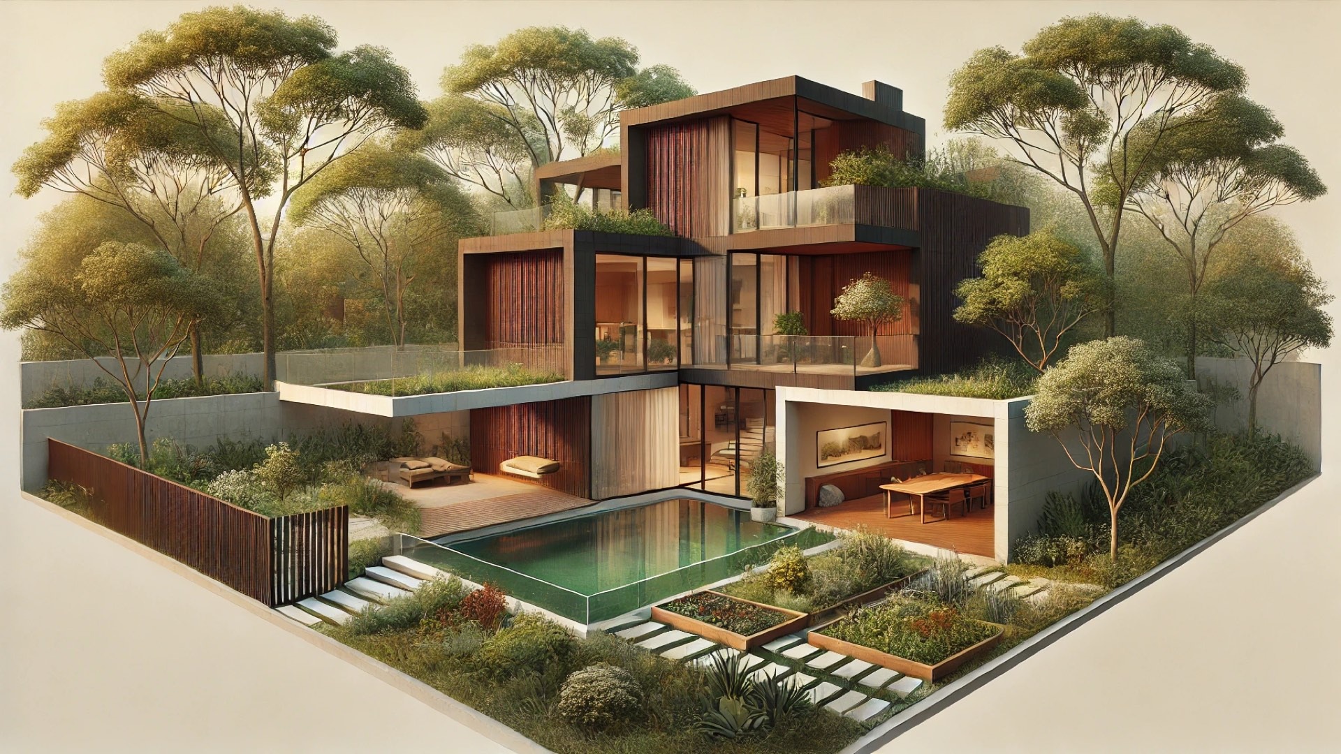 capturing Casa VIMA's terracotta-toned architecture, private garden integration, and serene modern elegance