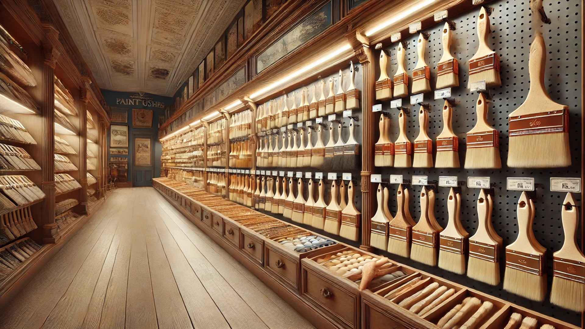 capturing the comparison between flat and round paint brushes in a warm, elegant store setting