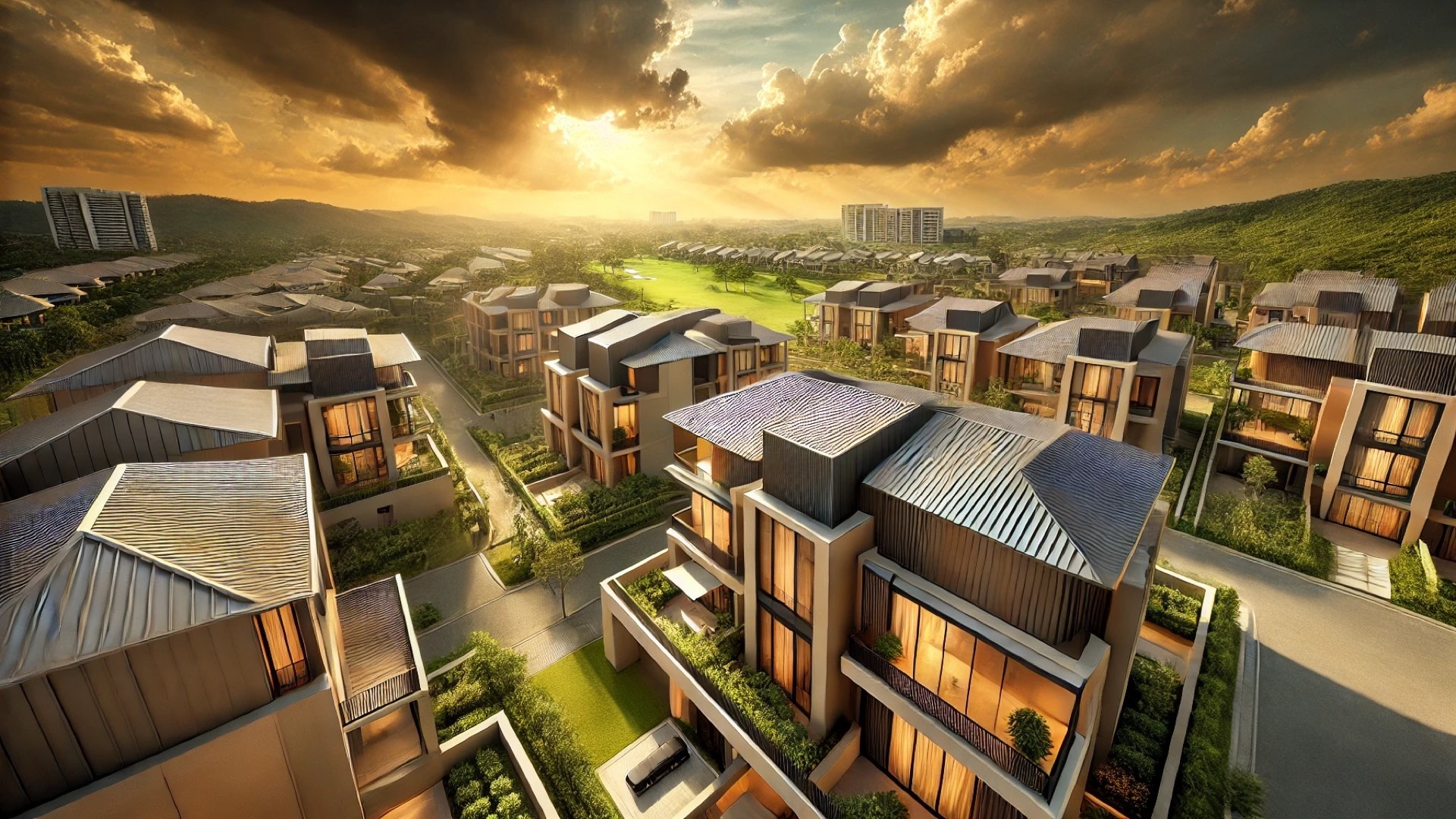 aerial illustration showing modern residential buildings with textured metal roofing at sunset, featuring warm tones, lush landscaping, and a golf course in the background