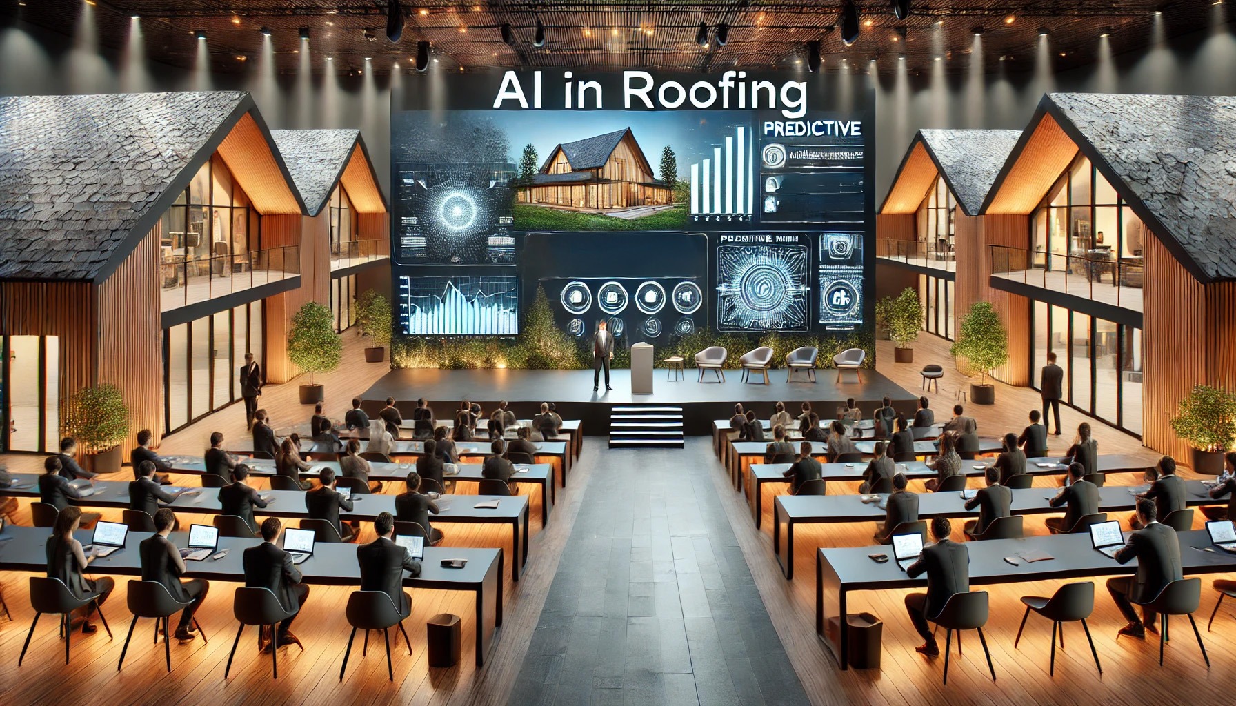 capturing the atmosphere of a high-end AI roofing summit, showcasing cutting-edge technology and luxury property design integration