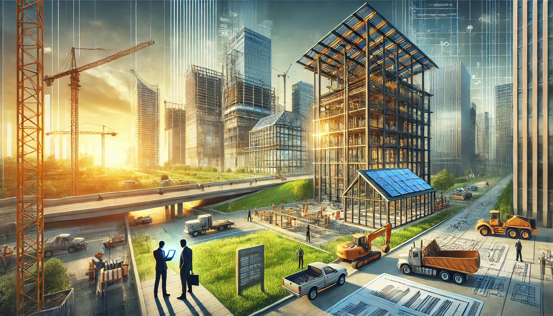 capturing the construction landscape shaped by the recent tax changes—featuring contractors, modern infrastructure, and sustainable design elements under a dramatic sunset