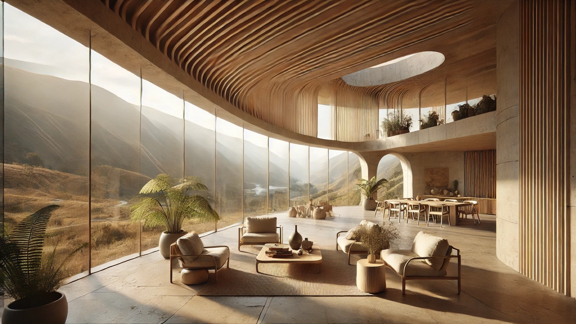 Riba House, highlighting its curved architecture, natural materials, and harmonious connection with the surrounding Andes landscape