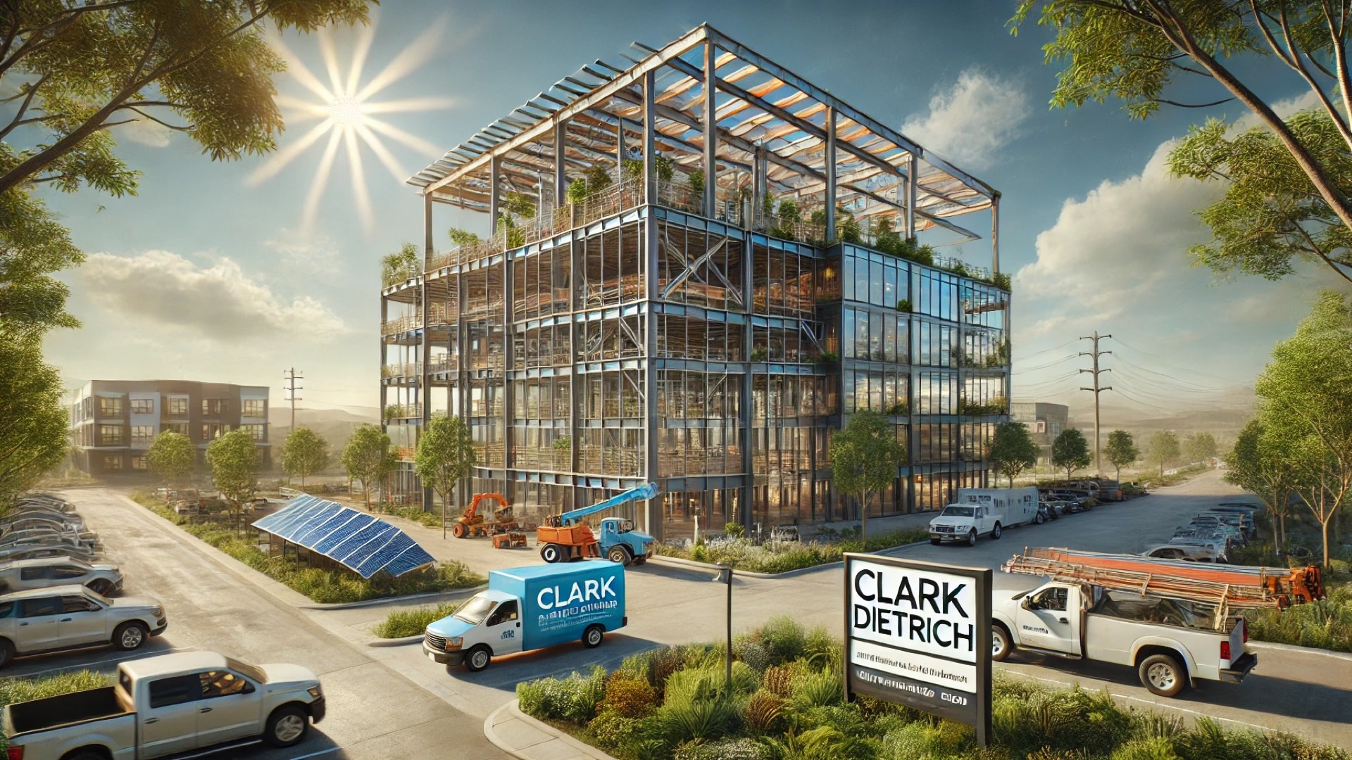 showcasing a sustainable construction site inspired by ClarkDietrich’s eco-conscious initiatives