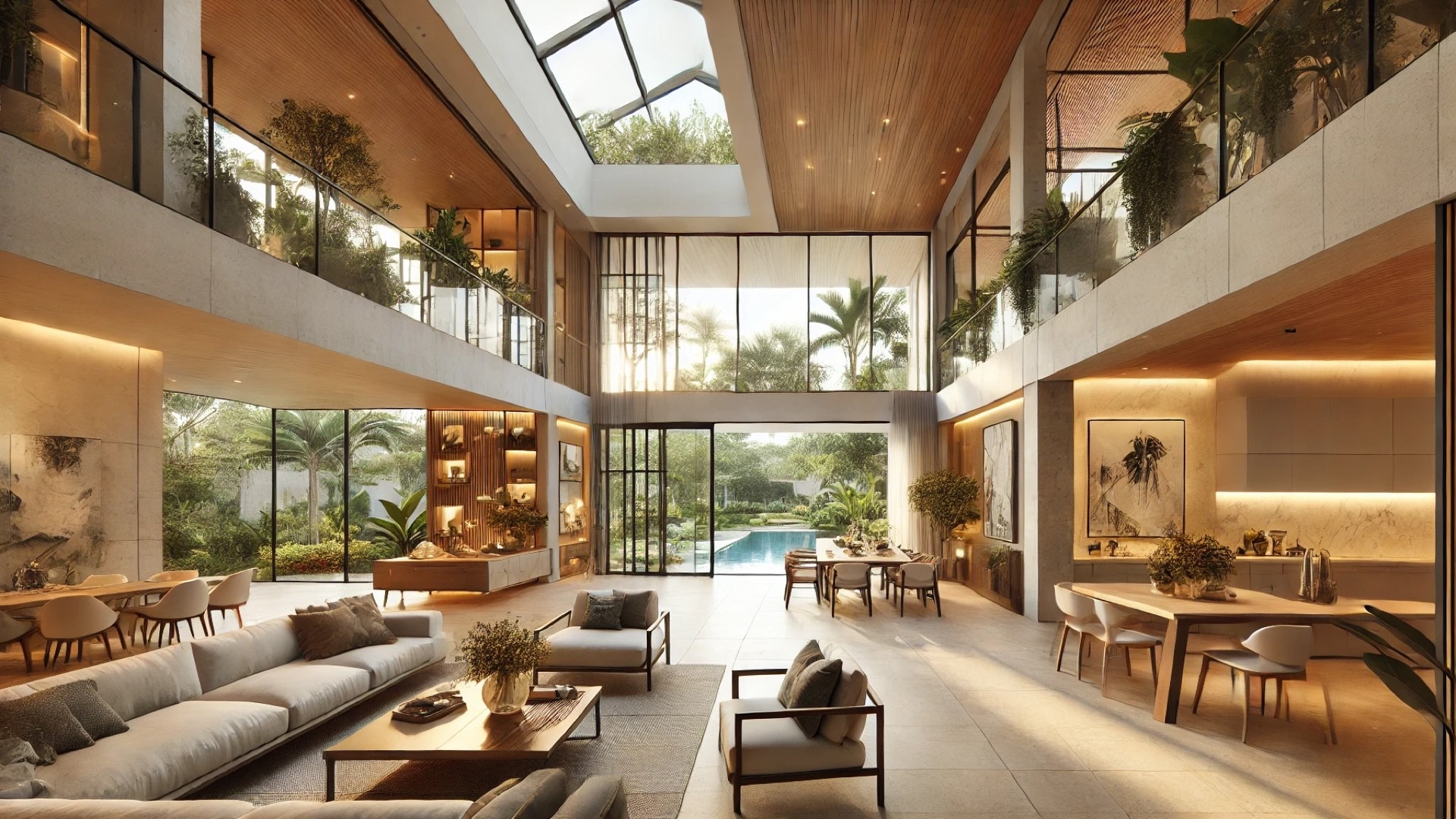 capturing the essence of the JF Residence—showcasing the spacious, contemporary design, seamless indoor-outdoor integration, and warm material palette