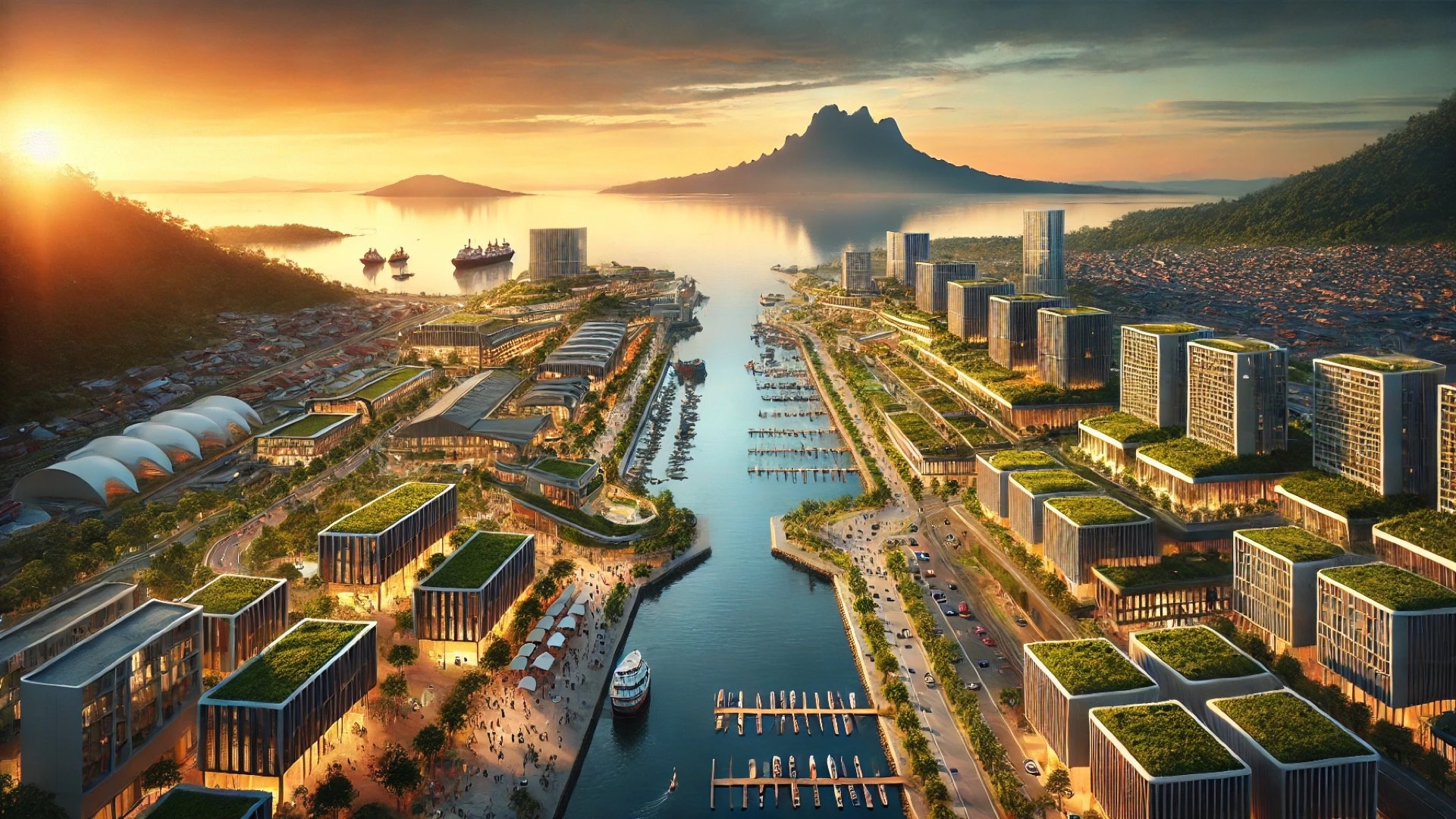 Jesselton Docklands masterplan, capturing its vibrant waterfront, tropical design elements, and architectural connection to local heritage