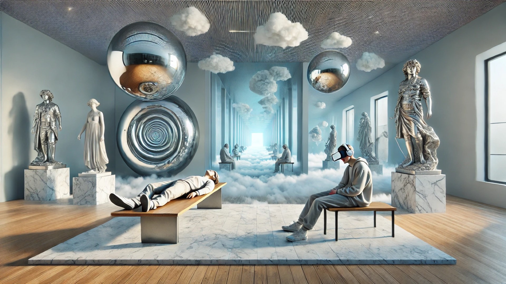 surreal and immersive illustration inspired by The Alice in Wonderland Syndrome exhibit