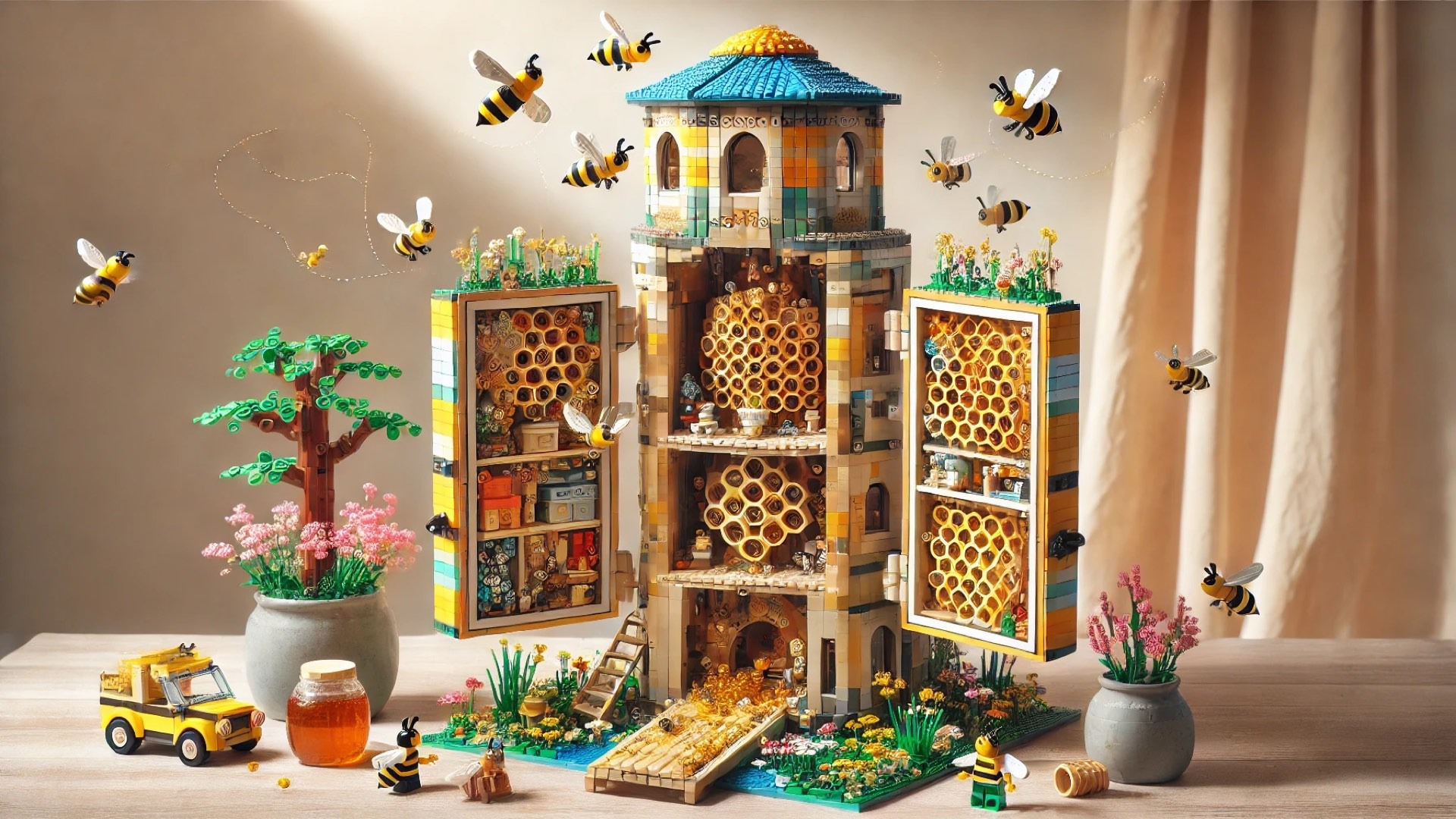 whimsical LEGO beehive concept, crafted with intricate details and set in an elegant, nature-inspired setting