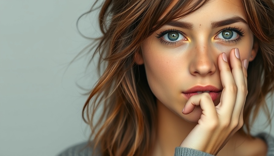 Thoughtful young woman with tousled hair, promoting sustainable skincare.
