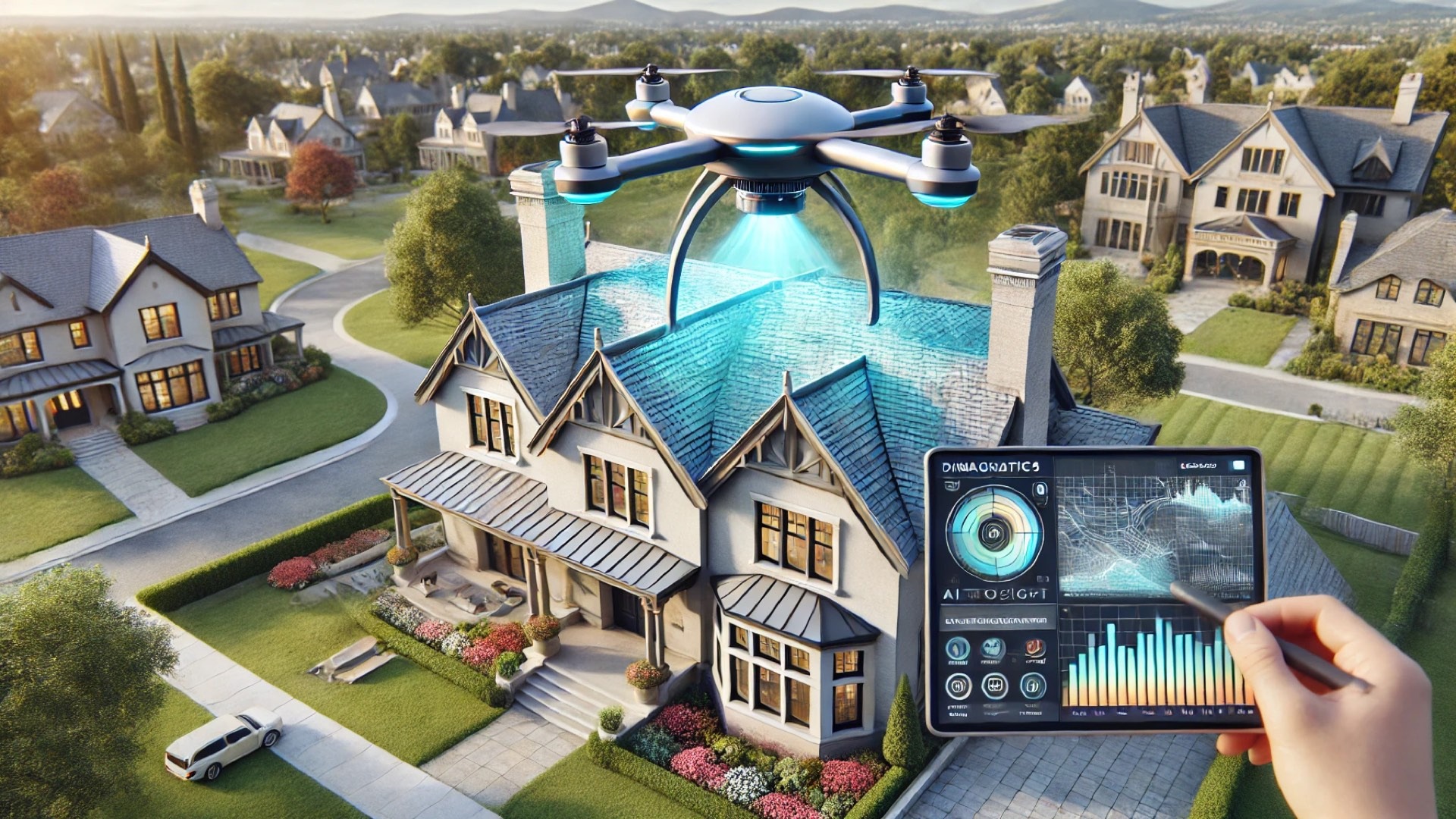 high-end property being assessed with StratoSight AI roofing technology