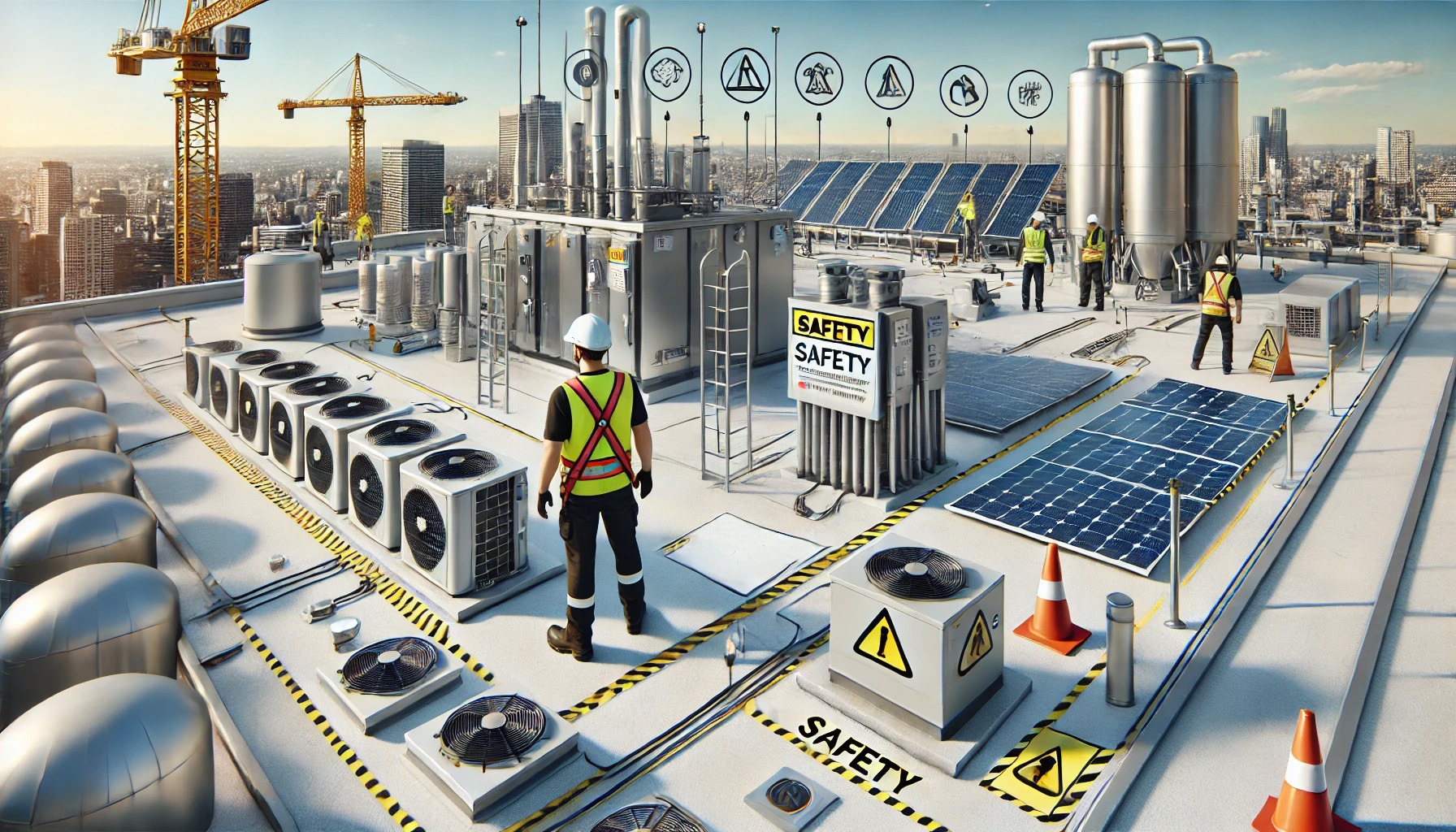 modern commercial rooftop with clear emphasis on safety measures