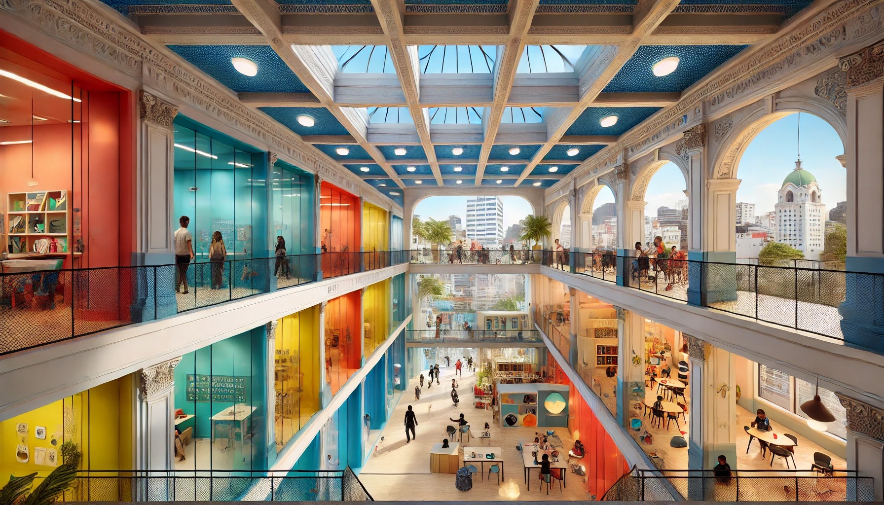 Magnum Lourdes College interior, capturing the vibrant, light-filled atmosphere and thoughtful architectural blend of historic and modern elements