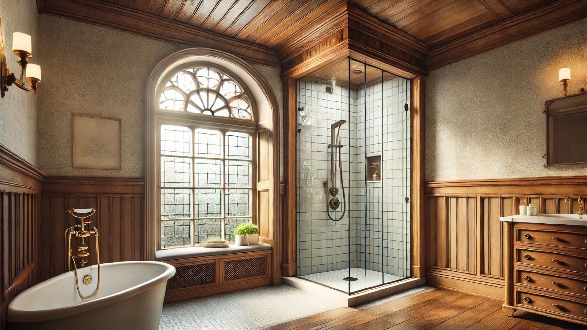 restored historic bathroom, integrating a wooden-framed window within a modern shower—blending heritage with contemporary practicality