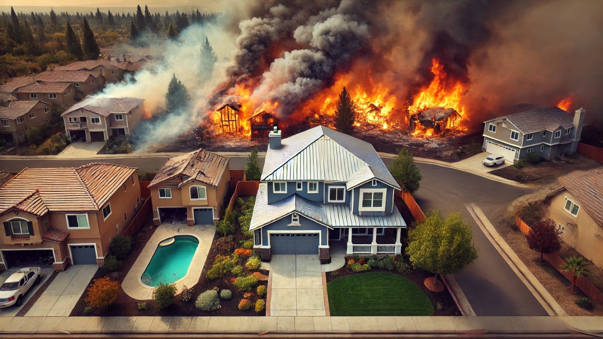 illustration showing a fire-resistant home standing intact amidst a wildfire-ravaged neighborhood