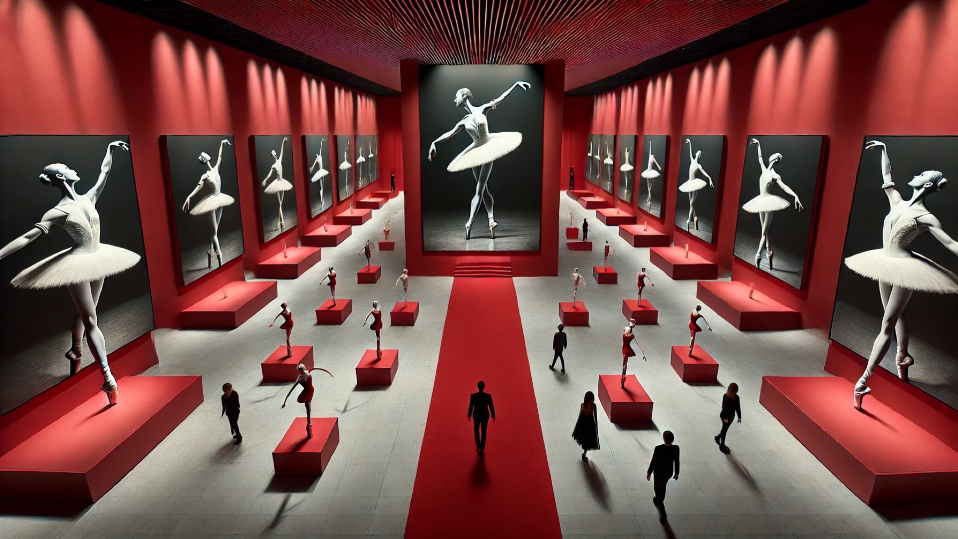 capturing the immersive red-toned gallery experience inspired by Brad Walls' PASSÉ series